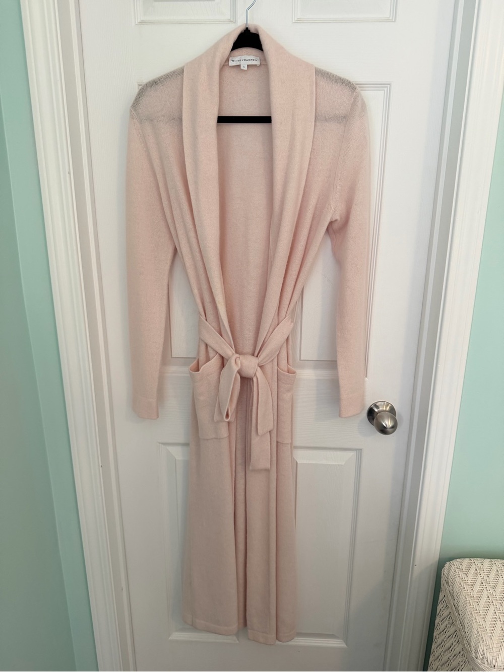 White + Warren Blush Pink Long Knit Belted Cardigan